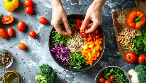 Healthy meal preparation with colorful vegetables and grains – close-up of hands cooking fresh food