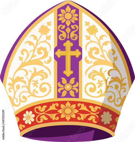 Elegant Vector Papal Mitre Illustration with Gold Cross and Ornamental Floral Design on White and Purple Background – Catholic Bishop Hat Clipart