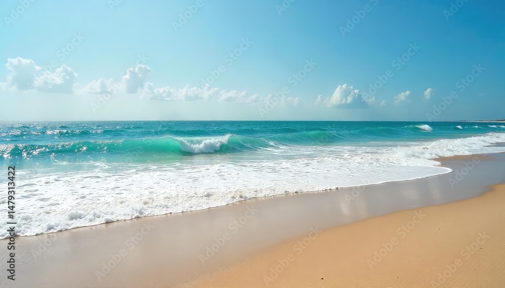 Fototapeta premium Lonely shore, waves crashing on deserted sand, reflective, solitude, atmospheric