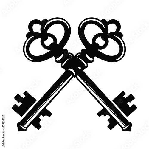 Two crossed antique keys in black and white simple symbolic image