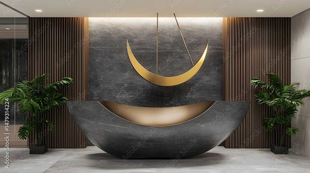Modern Reception Desk Design: Dark Marble, Gold Accents