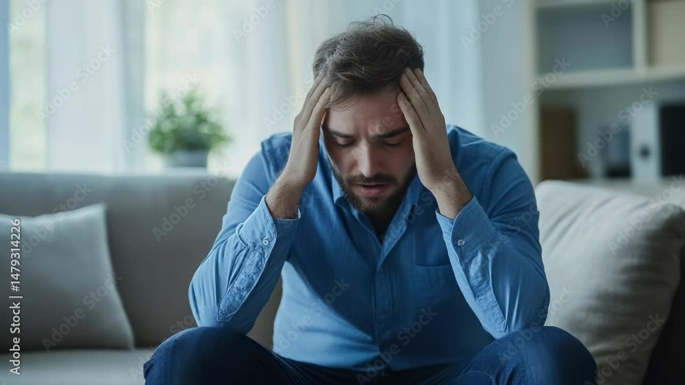 Man sitting on couch, head in hands, feeling stressed and worried Man sitting on couch, head in hands, feeling stressed and worried