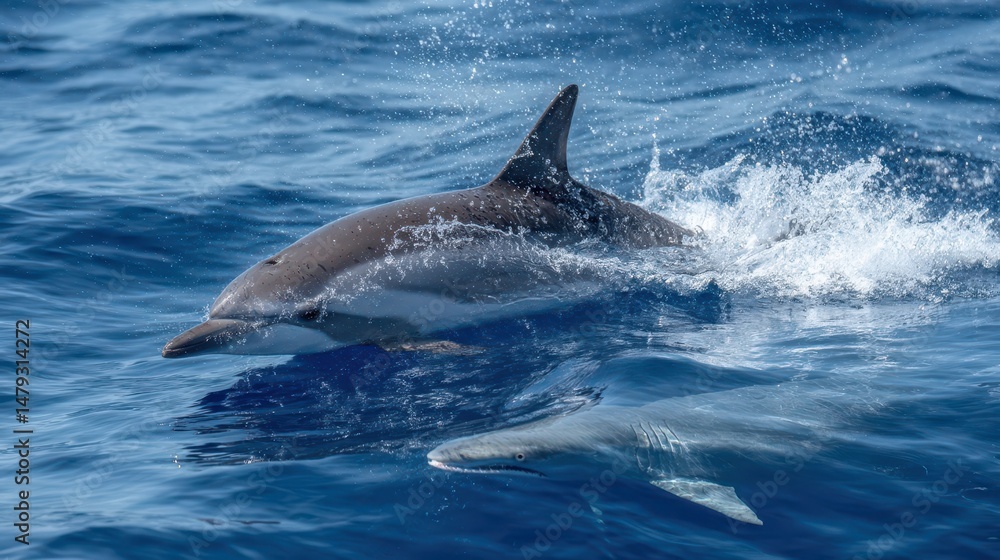 Naklejka premium Two playful dolphins in the deep blue ocean.