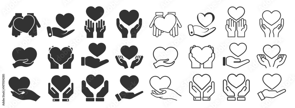 Naklejka premium Heart in hands icons set. Love, care, support, healthcare symbol. Flat and silhouette vector illustration isolated on transparent background