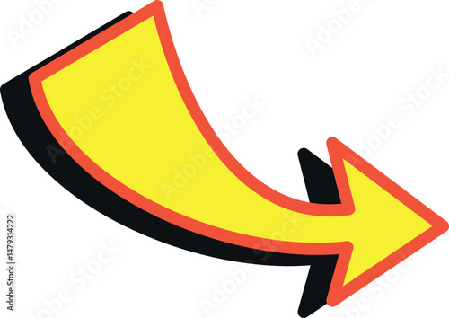 Yellow Curved Arrow – Right-Pointing Directional Symbol for UI, Infographics & Signage – Modern Flat Design