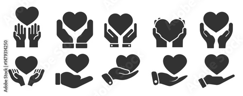 Heart in hands icons set. Love, care, support, healthcare symbol. Flat and silhouette vector illustration isolated on transparent background