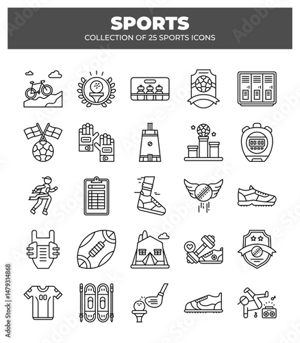 Collection of 25 Sports Icons.  Athletic Equipment. Game. and Competition