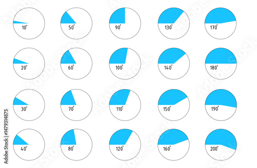Angles degrees template set. Collection of Geometry and mathematics symbols. Measure rotation design element. Kit of angles 10, 20, 30, 40, 50, 60, 70, 80, 90, 100, 110, 120, 130, 140, 150, 160, 170
