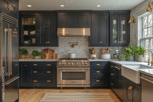 Wallpaper Mural Elegant kitchen with black cabinets, stainless steel appliances, white marble countertops, brass accents, and natural wood flooring, featuring a classic farmhouse sink. Torontodigital.ca