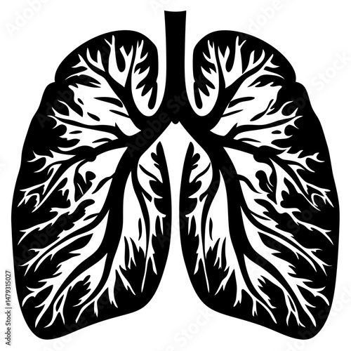 Stylized human lungs in black and white with detailed branching structure