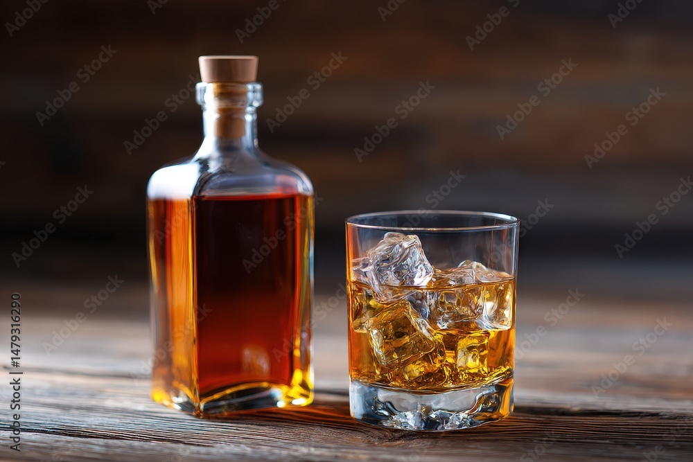 Elegant whiskey glass and bottle on rustic wood. Elegant whiskey glass and bottle on rustic wood.
