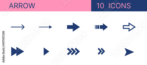 Set arrow icons. Various packaging symbols. Motion pointers. Site and player control buttons. Flat style logos. Information pointers. Wayfinding directions. Modern simple vector arrows.
