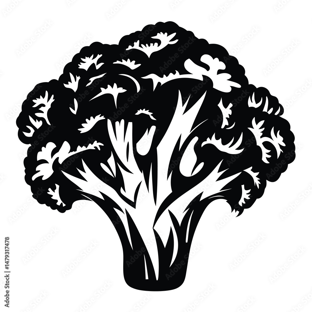 Fototapeta premium Black and White Broccoli Silhouette with Intricate Floral Pattern Details