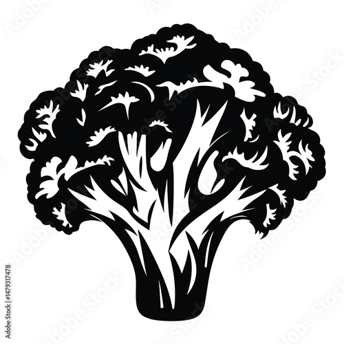 Black and White Broccoli Silhouette with Intricate Floral Pattern Details