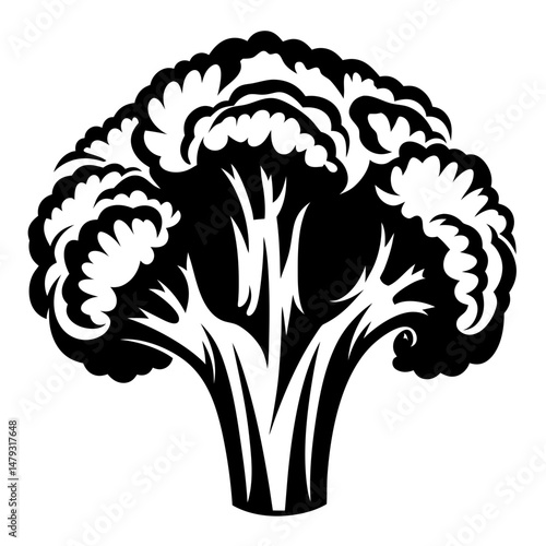 Stylized silhouette of broccoli florets and stalk in black and white