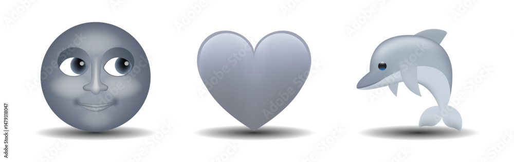 3 emoticons isolated on white background. Gray color heart, moon, dolphin vector emoji illustration. 3d illustration set. 3 emoticons isolated on white background. Gray color heart, moon, dolphin vector emoji illustration. 3d illustration set.