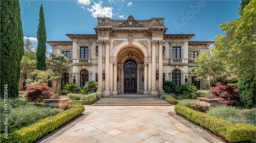 Wallpaper Mural Grand mansion entrance with ornate doorway, framed by lush greenery; timeless elegance of luxury estate architecture.
 Torontodigital.ca