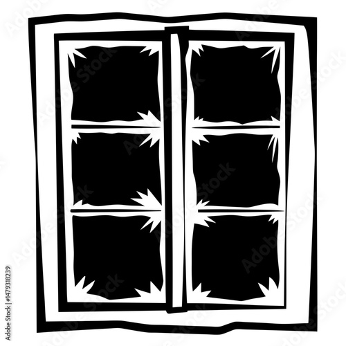 Stylized Two Pane Window with Sharp Edges and Heavy Outline for Illustration