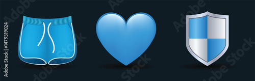 3 emoticons isolated on white background. Blue color heart, shorts, shield vector emoji illustration. 3d illustration set.