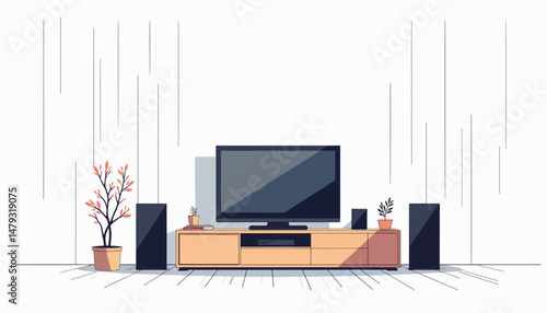 Modern home theater setup with geometric design and minimalist decor
