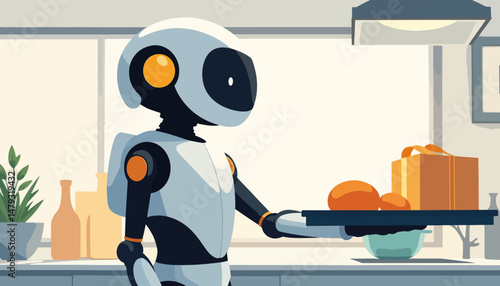 Food delivery robot carrying tray in modern kitchen, innovation concept