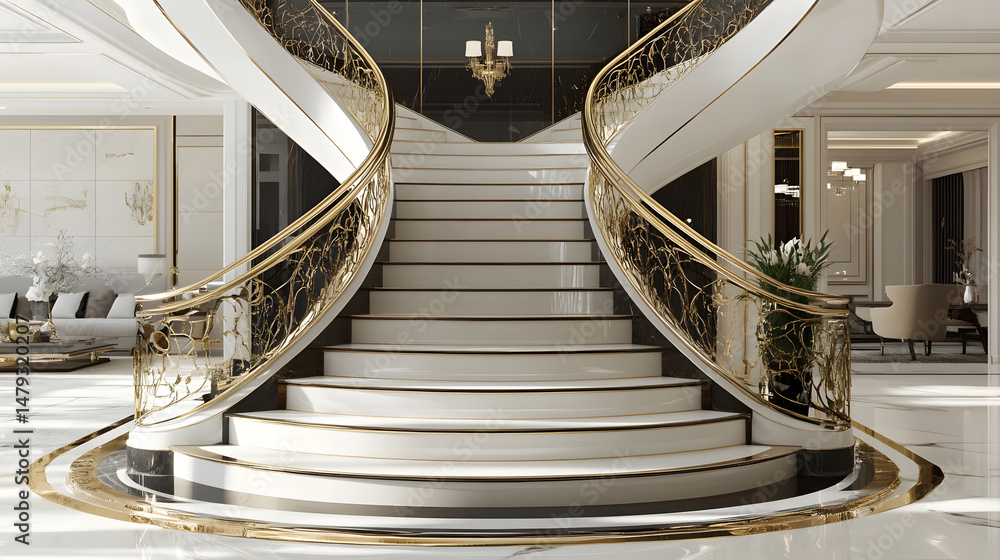 Elegant Gold & White Curved Staircase