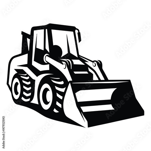 Monochrome graphic of a front end loader or skid steer machine