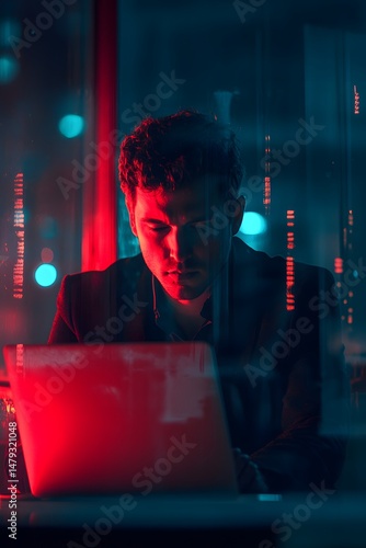 Man working on laptop at night, neon light