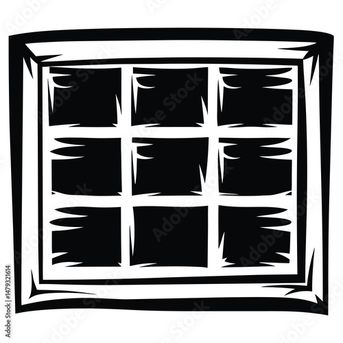 Monochrome illustration of a stylized window with nine panes and bold lines