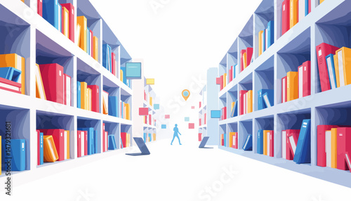 Futuristic library design with geometric bookshelves and digital screens, knowledge representation