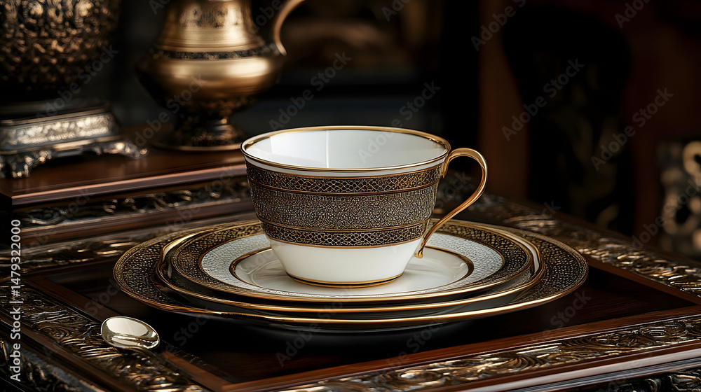 Elegant Gold Teacup Set on Tray Elegant Gold Teacup Set on Tray