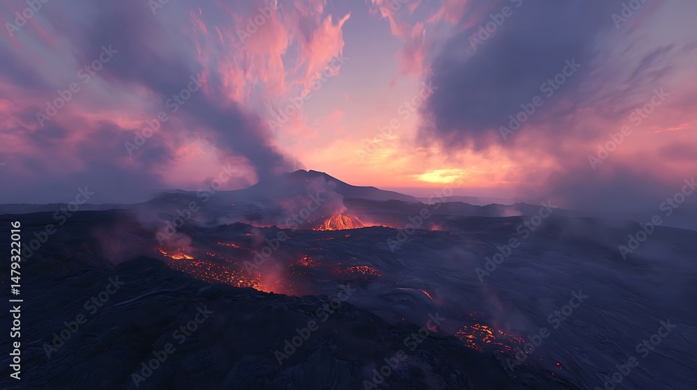 Fototapeta premium Volcano Eruption with Flowing Lava at Sunset Landscape View