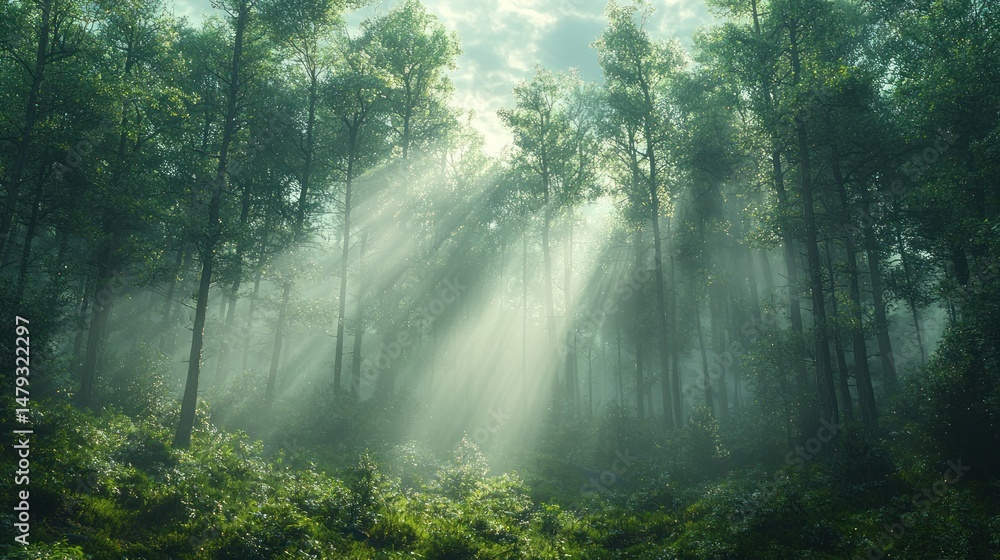 Sunbeams pierce misty forest (2) Sunbeams pierce misty forest (2)