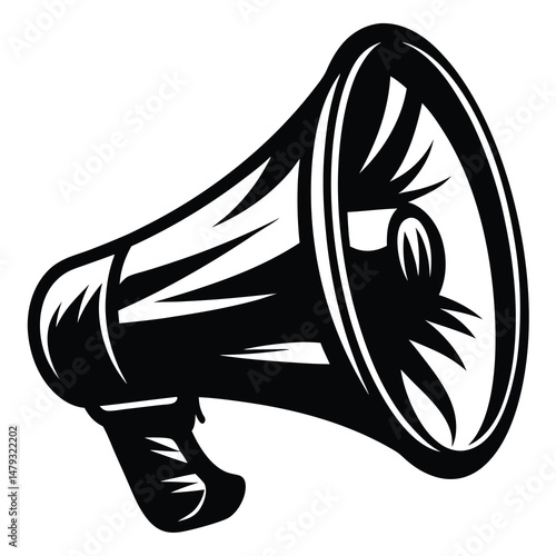 Stylized black and white illustration of a megaphone speaker bullhorn shouting device