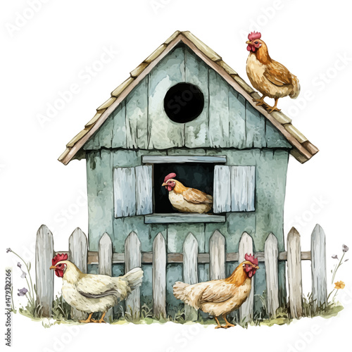 watercolor of Chicken Coop, isolated on a white background.