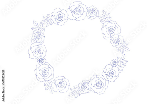万年筆で描いたようなバラの花のリース　塗りなし