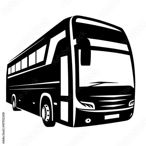Black and White Illustration of a Modern Tour Bus on a White Background