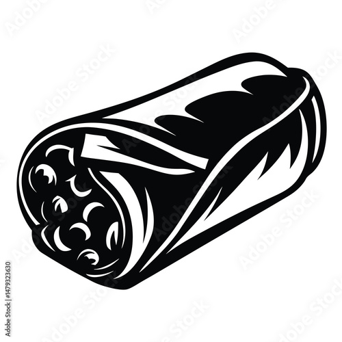 Black and white graphic illustration of a delicious looking burrito