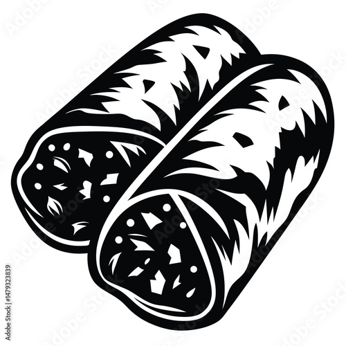 Monochrome illustration of two delicious looking burritos stacked diagonally on top of each other