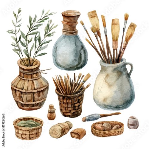 watercolor vector of Traditional Handicraft, isolated on a white background.