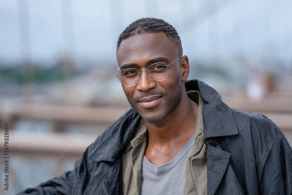 Portrait of handsome African man with eyeglasses looking at camera in rainy weather Portrait of handsome African man with eyeglasses looking at camera in rainy weather