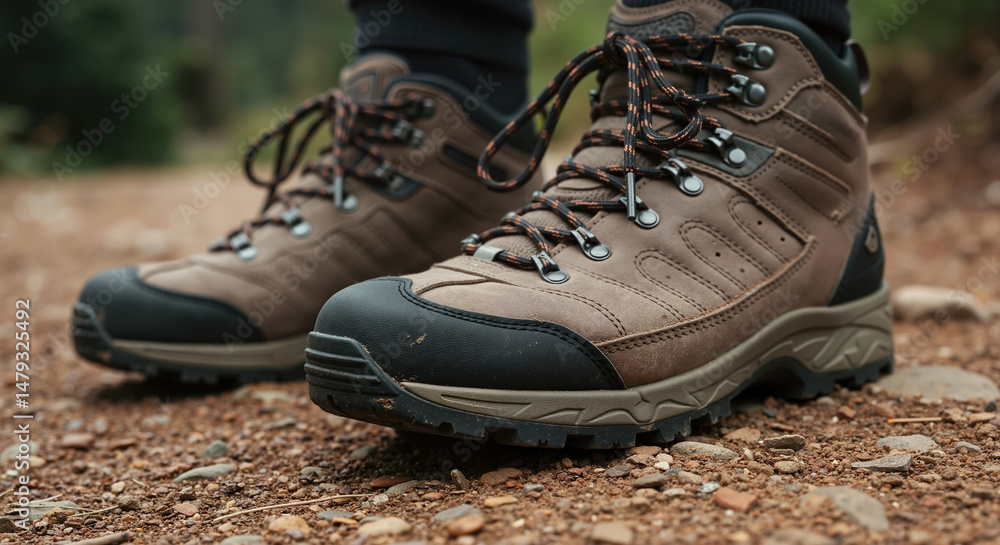 Rugged brown hiking boots with black rubber toe caps on rocky trail. Durable leather footwear with metal eyelets and sturdy laces. Outdoor adventure and trekking equipment. Reliable protection Rugged brown hiking boots with black rubber toe caps on rocky trail. Durable leather footwear with metal eyelets and sturdy laces. Outdoor adventure and trekking equipment. Reliable protection