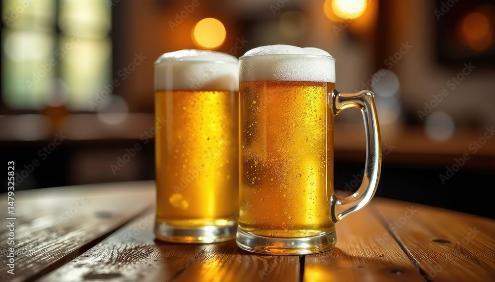 Golden beer, overflowing mugs on wooden table, texture, brewery Golden beer, overflowing mugs on wooden table, texture, brewery