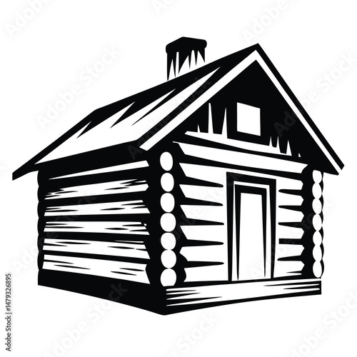 Bold monochrome vector rendering of a charming log cabin with chimney