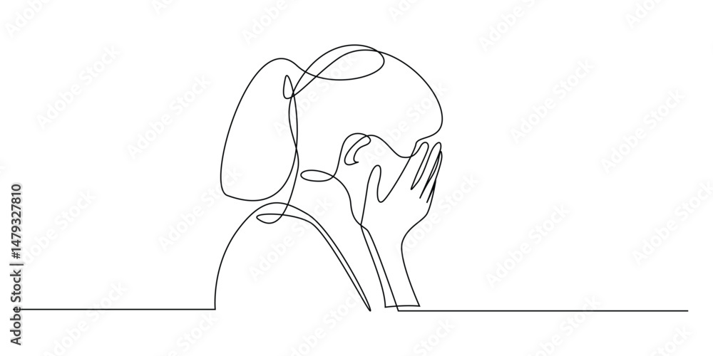continuous line of sad woman covering face with hands.single line vector illustration,depressed woman,sad expression,regret continuous line of sad woman covering face with hands.single line vector illustration,depressed woman,sad expression,regret