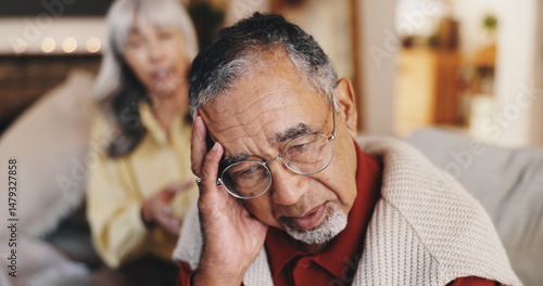 Obraz na plátně Disappointed, senior man and divorce in house, couple and depression for argument, sad and living room