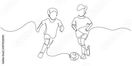 continuous line of children playing soccer happily.single line drawing for competition,soccer school,championship.line art vector illustration