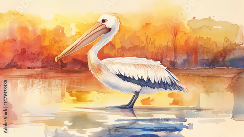 Pelican in the lake, vector watercolor illustration