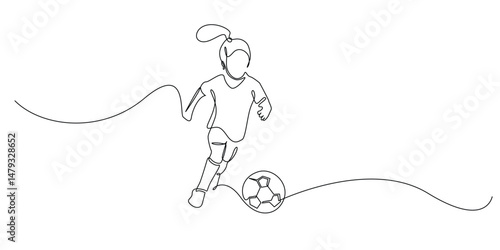 continuous line of girl playing soccer.single line drawing for competition,soccer school,championship.line art vector illustration