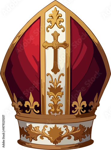 Elegant Vector Illustration of Papal Mitre with Golden Cross and Fleur-de-lis Ornaments on Crimson and White Background – Catholic Bishop Headwear Design